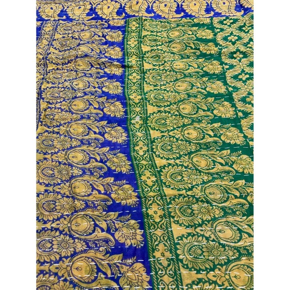 Handmade Other - Kantha Quilt Reversible Cotton Twin Throw Blanket Green Blue Red Paisley Floral